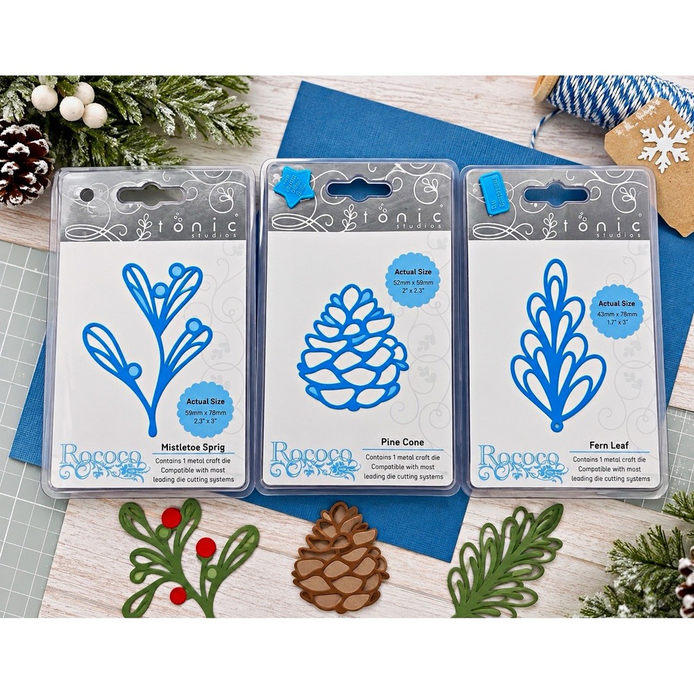 Tonic Studios Rococo Petite Cutting Dies Lot 3 Mistletoe Pine Cone Fern Leaf NIP
